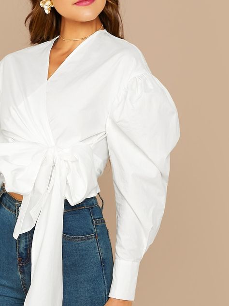 Gigot Sleeve Surplice Wrap Tie Front Blouse | SHEIN Gigot Sleeve, White Blouses, Leg Of Mutton Sleeve, Hot Blouse, Virtual Wardrobe, Recycled Fashion, Tie Front Blouse, Fashion Design Sketches, Summer Blouses