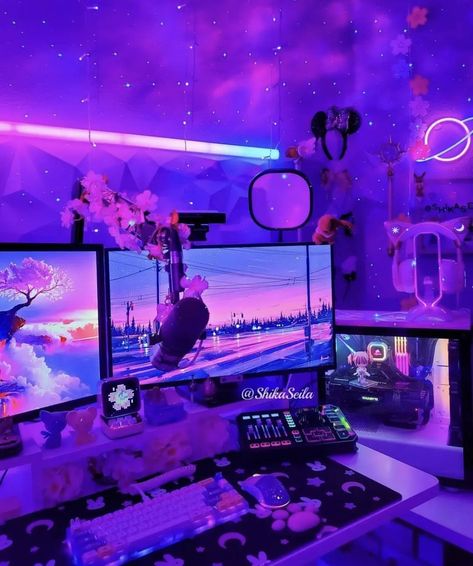 Purple Themed Bedroom Aesthetic, Purple Gaming Set Up, Purple Gaming Aesthetic, Purple Office Aesthetic, Purple Gamer Aesthetic, Cozy Gamer Bedroom, Aphmau Aesthetic, Gamer Boy Bedroom, Purple Gaming Setup