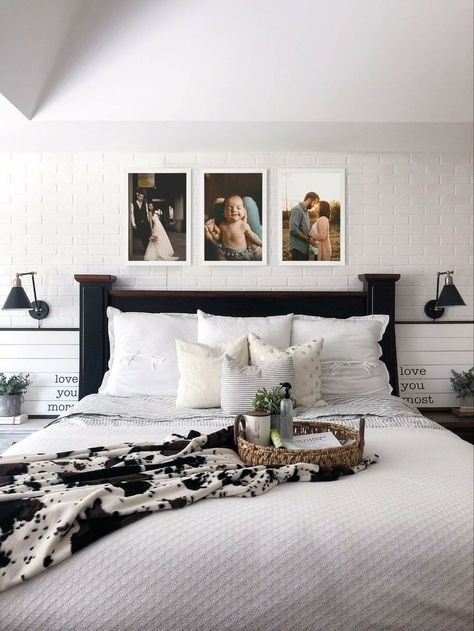 Collage Above Bed, Pictures Above Bed Ideas, Bedroom Photo Collage, Photos Above Bed, Above Headboard Decor, Bedroom Above Bed Decor, Pictures Above Bed, Above Bed Ideas, Bedroom Wall Decor Above Bed