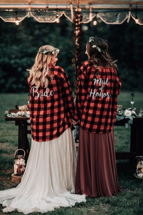 Bridesmaid Dresses Maid Of Honor Different, Bride Of Honor Dresses, Flannel With Wedding Dress, Unique Bridesmaid Outfits, Unique Maid Of Honor Dress, Maid Of Honor Outfit Ideas, Bride And Maid Of Honor Photos, Maid Of Honour And Bride Photos, 2 Bridesmaids And Bride