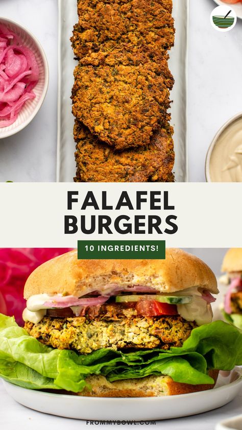 Homemade falafel burgers are packed with fresh flavor and heart-healthy plant-based ingredients. Serve as a delicious dinner main or make as a healthy meal prep. Gluten-free, Vegan, Oil-free option. Falafel Recipe Easy, Homemade Falafel, Gluten Free Burger, Falafel Burgers, Homemade Tahini, Veggie Burgers Recipe, Falafel Recipe, Burger Toppings, Vegan Meal Plans