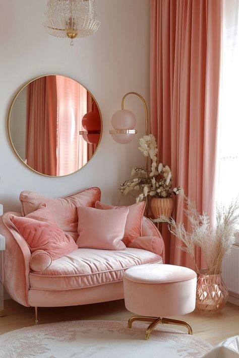 Beige Interior Aesthetic, Barbiecore Living Room, Womens Room Lady Cave, Boho Pink Living Room, Pink Accent Living Room, Classy Room Aesthetic, Pink Living Room Aesthetic, Girly Apartment Aesthetic, Pink Interior Design