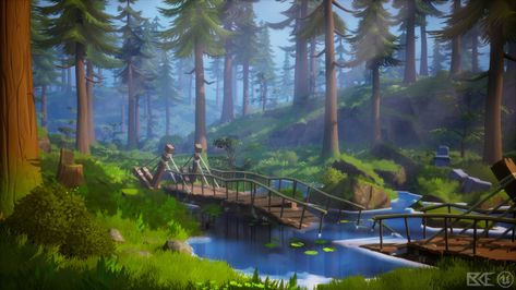 est Bridge, is a scene captured in UnrealEngine 4 using Realtime Ray Tracing for Reflections, Shadows. GI, AO and raster lighting Stylized Forest, Forest Bridge, Cool Desktop Wallpapers, Game Environment, Landscape Artwork, Environment Design, Environment Concept Art, Environmental Art, Art Model