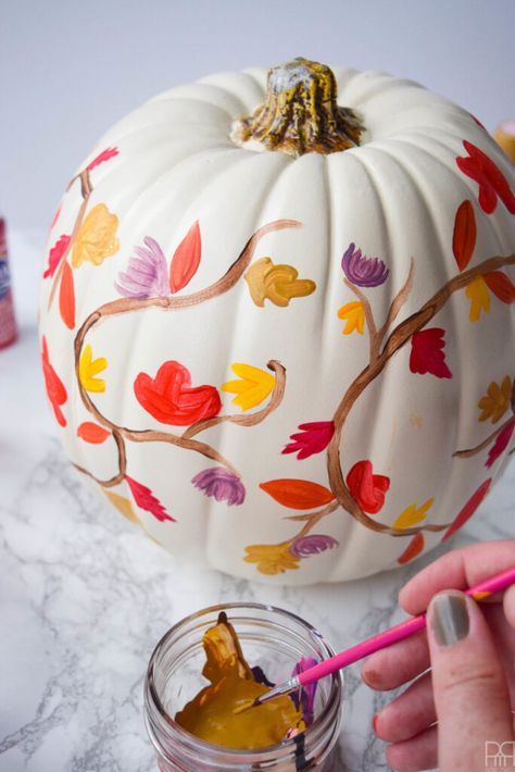 50+ Best no carve Pumpkin decorating ideas. Make easy Halloween crafts for kids & adults, & creative fall & Thanksgiving decor with pumpkins! - – A Piece of Rainbow, decorations, arts & crafts, autumn, farmhouse, animals, Disney, nature, boho, decoupage, painting, painted Fall Pumpkins Painting, Autumn Centerpieces, Pumpkins Painting, Paint Pumpkins, Decoupage Pumpkins, Painted Pumpkin Ideas, Pumpkin Paint, Pumpkin Paintings, Creative Pumpkin Painting