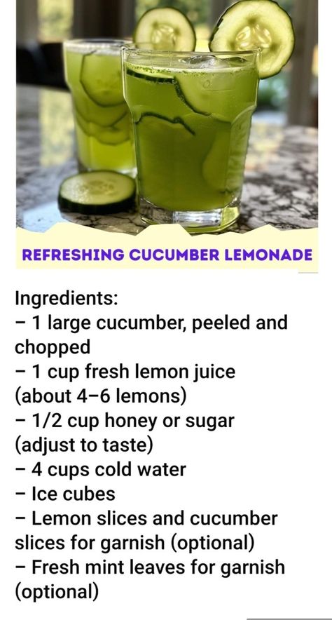 Cucumber lemonade Cucumber Mint Lemonade Recipe, Cucumber Drink Recipes, Cucumber Mocktail Recipe, Cucumber Lemonade Recipe, Fancy Lemonade, Cucumber Lemon Juice, Alkaline Drinks, Acholic Drinks, Coconut Water Drinks