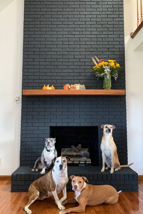 4 easy steps to paint your brick fireplace! Black Brick Fireplace, Brick Fireplace Wall, Grey Fireplace, Painted Fireplace, Red Brick Fireplaces, Brick Fireplaces, Painted Brick Fireplace, Black Brick Wall, Painted Brick Fireplaces