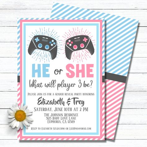 Gaming Gender Reveal Ideas, Gamer Gender Reveal, Black Pink And Blue Gender Reveal, Gender Reveal Invitations Wear Pink Or Blue, Virtual Gender Reveal Invitation, Twin Baby Announcements, Pink And Blue Gender Reveal Invitations, Gamer Baby, Gender Reveal Shirts