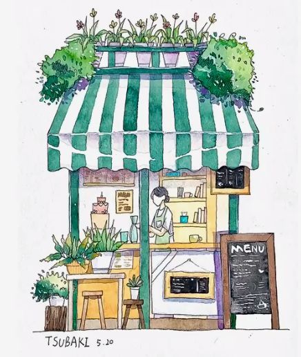 Watercolor Architecture, Colour Art, Shop Illustration, Cafe Art, Architecture Drawing Art, Building Art, 수채화 그림, Art Diary, Watercolor Art Lessons