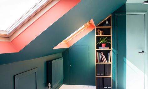 The Colour Blocked Office | Louise Misell Interiors Attic Room Colours Wall Colors, Slanted Walls Paint Ideas, Wallpaper In Loft Room, Loft Room Colours, Bedroom Inspirations Loft Conversion, Attic Bedroom Wall Colors, Loft Colour Ideas, Green Bedroom Loft, Colorful Vaulted Ceiling