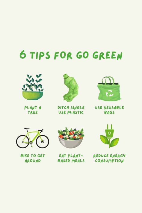 ♻️ 6 Tips to Go Green🌱 🔹 Plant a tree 🔹 Ditch single use plastic 🔹 Use reusable bags 🔹 Bike to get around 🔹 Eat plant-based meals 🔹 Reduce energy consumption #GoGreen #EcoTips #PlasticFree Eco Friendly Instagram Posts, Environmental Tips, Plant Based Aesthetic, Environmentally Friendly Living, Sustainability Projects, Save Environment, Reduce Energy Consumption, Reduce Energy, Cleaning Guide