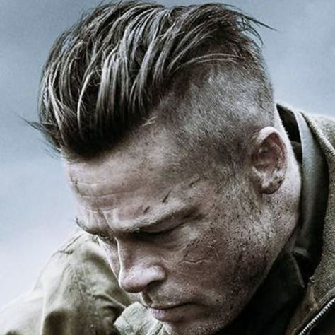 Slicked Back Undercut Brad Pitt Fury Haircut, Fury Haircut, Brad Pitt Fury, Men Undercut, Men Haircut Undercut, Military Haircuts Men, Viking Haircut, Slick Back Haircut, Military Haircut