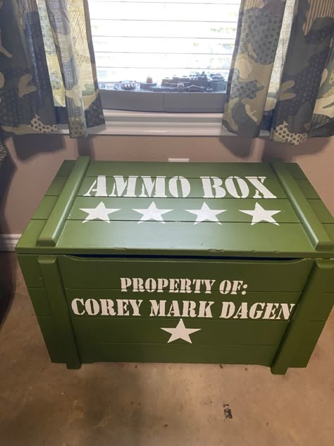 Ammo box for camo room Army Box Ideas, Kids Army Bedroom, Camo Boys Room, Call Of Duty Bedroom Ideas, Army Themed Bedroom, Call Of Duty Room Ideas, Camo Bedroom Ideas For Boys, Camo Room Ideas For Boys, Boys Military Bedroom