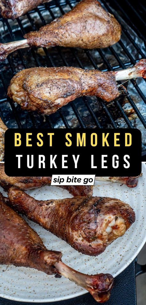 See how to make Traeger smoked turkey legs on the pellet grill with this easy recipe guide. They’re kinda like a Disney smoked turkey legs copycat, but even better because you make ‘em in your own backyard! Perfect for extra Thanksgiving smoked foods at the BBQ. | sipbitego.com Pellet Smoker Turkey, Bbq For A Crowd, Grilled Turkey Legs, Traeger Turkey, Baked Turkey Legs, Traeger Smoked Turkey, Smoker Turkey, Wood Pellet Grill Recipes, Pellet Smoker Recipes