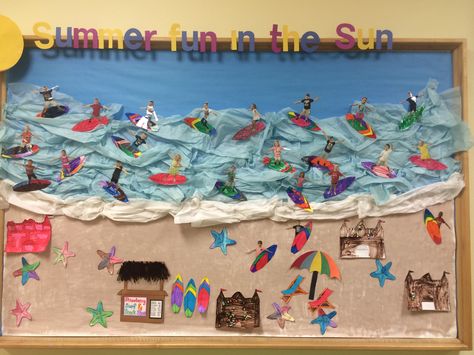 Bulletin Board craft idea. Take pictures of children pretending to surf then cut them out and put them on surf boards! They love the after work! Summer Bulletin Board Ideas, Beach Bulletin Boards, Summer Boards, Summer Bulletin Board, Decoration Surf, June Activities, Beach Theme Classroom, Summer Bulletin Boards, Classroom Boards