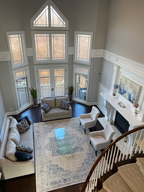 High Ceiling Decorating Entryway, Y’all Ceiling Living Room, High Ceiling Library, Living Room 2 Story Ceiling, Upstairs Looking Down Into Living Room, Bloxburg High Ceiling Living Room, Giant Living Room Ideas, High Roof Living Room, High Vaulted Ceilings Living Room