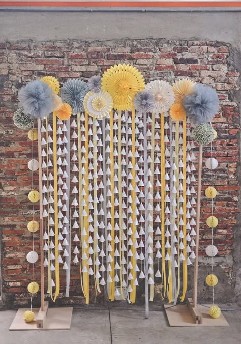 Gray Party Decorations, Wedding Yellow, Industrial Diy, Wedding Notebook, Desi Wedding Decor, Kuching, Diy Birthday Decorations, Diy Backdrop, Stage Decorations