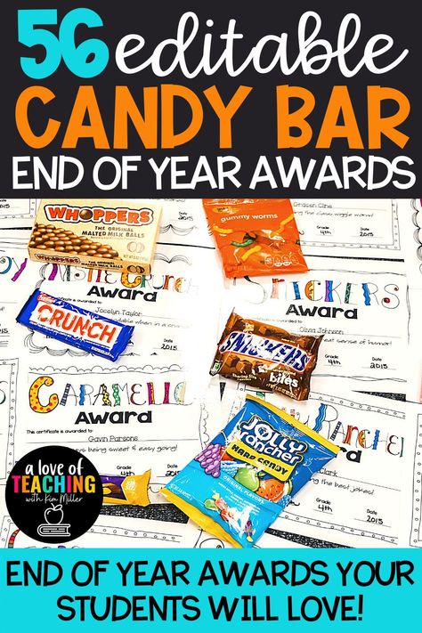 Finish the school year with a SWEET awards ceremony! Your students will love being recognized for their accomplishments with these Candy Bar Awards and Certificates. Perfect for students in elementary school, middle school and high school. Kids of all ages loved being recognized. These awards are a great way to let students know that you've seen all their hard work. Includes 56 EDITABLE awards. #EndofYear #StudentAwards #Certificates #SchoolParty #Graduation Candy Awards For Students, Class Awards Ideas, Candy Bar Awards For Adults, Candy Awards For Sports, Candy Bar Awards For Students, Candy Awards For Students Free, Funny Awards For Students, End Of Year Staff Awards, End Of Year Awards For Students Free