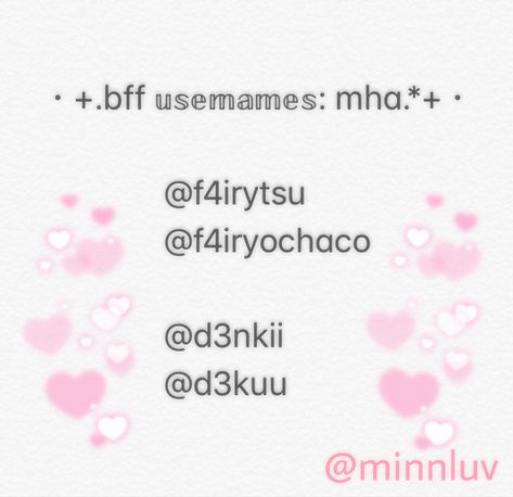 『 my hero academia usernames u & ur bff can use ( if they arent taken) 😚 also if u would like to use them pls follow me + give credit! 💗🎀✨ 』#mha #aesthetic #usernames #bokunoheroacademia pink pastel user ochaco denki deku tsuyu Aesthetic Usernames Discord, Aesthetic Usermanes, Mha Username Ideas, Aesthetic Names For Boyfriend, Cute Kpop Username, Angelic Usernames, Aesthetic Names For Girls Unique, Academia Usernames, Kawaii Usernames