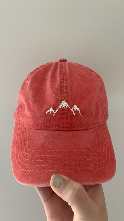 mountains, used a running stitch Embroidery On Cap Diy, Embroidered Baseball Caps Diy, Hand Embroidery Mountains, Baseball Hat Embroidery Diy, Mountains Embroidery, Mountain Embroidery, Embroider Ideas, Clothes Embroidery Diy, Embroidery Caps