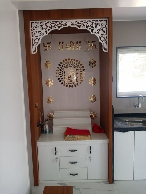 Pooja Room With Kitchen, Furniture Temple For Home, Pooja House Design, Puja Room In Kitchen, Devghar In Kitchen, Temple In Kitchen Design, Pooja Room In Kitchen, Pooja Room In Kitchen Ideas, Small Pooja Room In Living Room