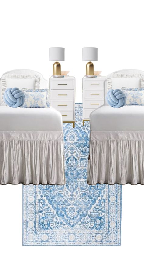 college dorm room ideas coastal bedroom Preppy Room Blue And White, Blue Accent Dorm Room, Light Blue And White Dorm Room, Blue And Gold Dorm Room, White And Blue Dorm Room, Coastal Granddaughter Dorm Room, Coastal Dorm Room Ideas, Dorm Room Inspo Blue, Dorm Room Ideas Coastal