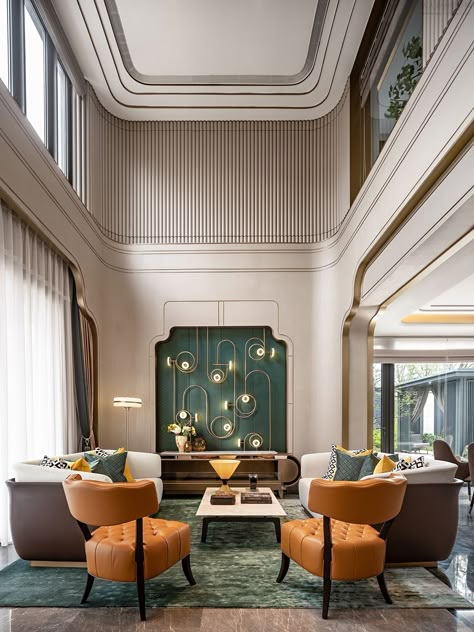 Neoclassical Lobby Interior Design, Lobby Ceiling Design, Tattoo Modern, Double Height Living Room, Indochine Style, High Ceiling Living Room, Lobby Interior Design, Desain Pantry, Neoclassical Interior