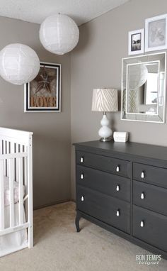 grey and taupe Nursery Ideas Boy, Taupe Walls, Grey Dresser, White Crib, Grey Nursery, Gray Walls, Kids Bunk Beds, Grey Furniture, Baby Room Ideas