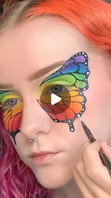 maddy ₊˚.⋆☾⋆⁺₊✧ on Instagram: "the rainbow butterfly makeup of ur dreams 🌟 it would be a crime to not do a rainbow butterfly this month! inspired by a lil clip art piece on pinterest! 🌈   ________________________  PRODUCTS: @bperfectcosmetics carnival 2 palette  @beautybaycom midnights palette  @makeupamurder poison highlighter shade straighten up (code maddy)  @mehronmakeup paradise paints palette   #creativemakeup #editorialmakeup #makeup #makeupinspiration #makeupideas #butterflymakeup #colorfulmakeup #rainbowmakeup #theartistedit #pridemakeup #makeupvideos #makeuptutorial" Halloween Makeup Looks Butterfly, Eyeshadow Butterfly, Butterfly Inspired Eye Makeup, Rainbow Butterfly Makeup, Festival Makeup Butterfly, Butterfly Makeup, Pride Makeup, Witch Makeup, Rainbow Makeup