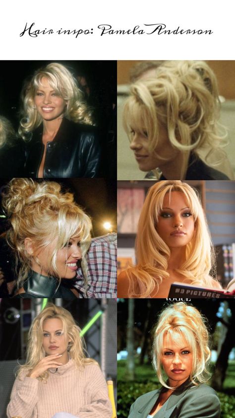 #hair #pamelaanderson Pam Anderson Inspired Updo, Pamela Anderson Bangs 90s, Pamela Anderson Wedding Hair, 80s Hair Ponytail, 80s Glam Hair, Pamela Anderson Haircut 90s, 90s Bouncy Hair, Sweet Home Alabama Hair, 90s Pamela Anderson Hair