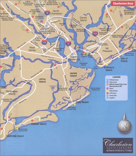 Charleston SC Area Map - Charleston South Carolina - Charleston's Finest City Guide Charleston Map, Historic Charleston Sc, Charleston Travel Guide, Charleston Beaches, Charleston Vacation, South Carolina Vacation, Seabrook Island, Island Town, Charleston Travel