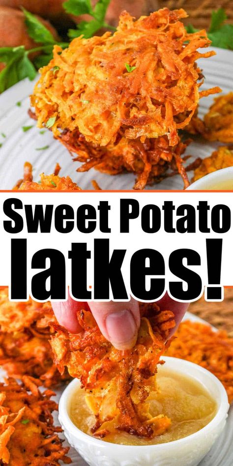 Fried sweet potato latkes are a wonderful side dish for Hannukah or any time of year. With shredded sweet potatoes they're crispy and delish. Potato Latkes Easy, Latkes Recipe Easy, Sweet Potato Appetizers, Fried Sweet Potato, Sweet Potato Latkes, Potato Latke Recipe, Sweet Potato Patties, Sweet Potato Side Dish, Sweet Potato Fritters