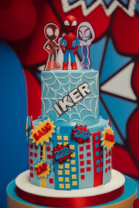 Spidey And Amazing Friends Cake, Spidey And His Amazing Friends Cake, Spidey Cake, Superhero Birthday Party Decorations, Spiderman Birthday Party Decorations, Baby Reveal Cakes, Friends Birthday Cake, Kids Birthday Party Cake, Spiderman Birthday Cake