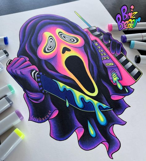 Trippy Character Drawings, Rgb Art Illustrations, Neon Art Drawings, Trippy Horror, Ghostface Painting, Neon Drawings, Ghostface Drawing, Scream Drawing, Neon Art Painting