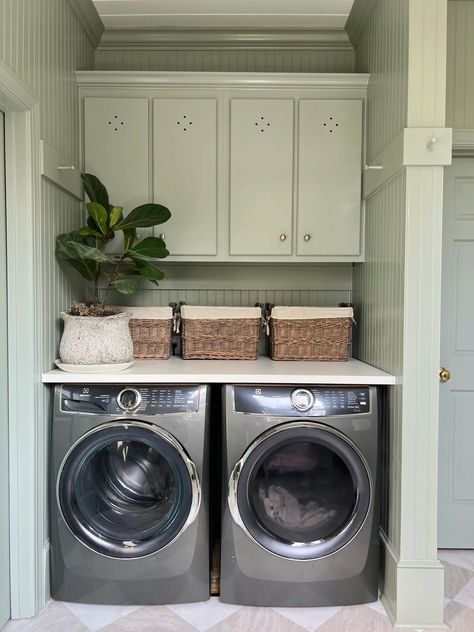 Laundry Room Reno: Part 1 - Nesting Place Beadboard Laundry Room, Oyster Bay Sherwin Williams, South Facing Windows, Laundry Room/mud Room, Green Laundry, Vintage Laundry Room, Basement Laundry Room, Basement Laundry, Laundry Cabinets