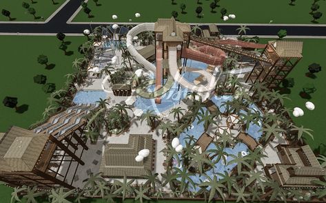 #bloxburg #bloxburgwaterpark #bloxburgsummer Bloxburg Amusement Park Layout, Water Park Layout Bloxburg, Small Resort Design Plan Layout, Waterpark Bloxburg Decal Codes, Bloxburg Waterpark Ideas, Water Park Bloxburg, Bloxburg Tropical Resort, Bloxburg Resort Ideas, Bloxburg Waterpark Layout