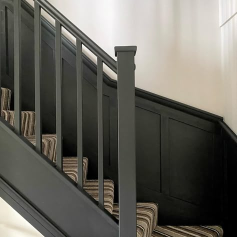 Black Panelling Stairs, Black Stair Panelling, Black Panelling Hallway, Stairs With Glass Panels, Panelled Hallway, Hall Panelling, Stair Panelling, Hallway Stairs Ideas, Painted Banister