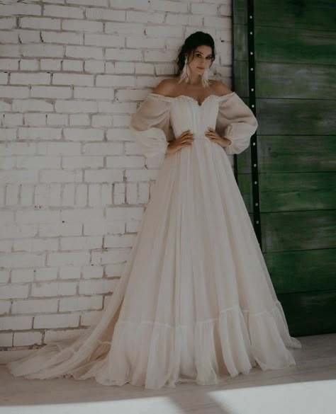 Aline Flowy Wedding Dress, Off The Shoulder Flowy Wedding Dress, Anastasia Wedding Dress, Sleeved Wedding Dress, Wedding Dress Flowy, Sheer Wedding Dress, Fairy Tale Wedding Dress, Pretty Wedding Dresses, Ethereal Wedding