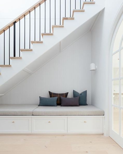 Nicole Rosenberg on Instagram: "We loved seeing our idea 💡 come to life for this wasted space under the stairs where we created a storage system so that the kids could house their shoes in the drawers - a place for everything and everything in its place! 📸 @elisescott.studio Builder @onestoprenovate" Under Stairs Lounge Ideas, Under Stairs Storage Bench, Under Stairs Bench Storage, Built In Drawers Under Stairs, Hallway Under Stairs, Under Stair Bench, Under Stairs Shoe Storage Ideas, Bench Under Stairs, Under Stairwell Ideas