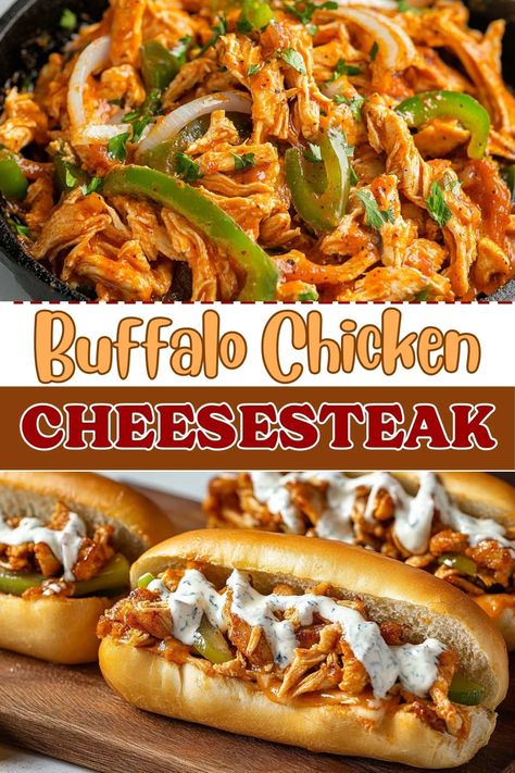 Buffalo chicken cheesesteaks are a zippy twist on a Philly classic. Featuring tender chicken, onions, peppers, and buffalo sauce, they're sure to satisfy. Buffalo Chicken Jalapeno Peppers, Buffalo Chicken Recipes Healthy, Buffalo Chicken Cheesesteak, Chicken Cheesesteak Recipe, Chicken Cheesesteaks, Chicken Philly Cheesesteak, Buffalo Chicken Wrap, Buffalo Chicken Sandwich, Spicy Sandwich