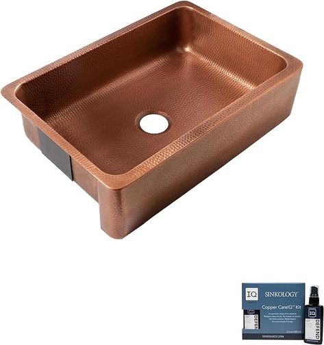 Lange Copper 32"Farmhouse Apron Kitchen Sink and Care Kit, Single Bowl - Amazon.com Copper Apron Sink, Copper Kitchen Sink, Farmhouse Kitchen Sink, Farmhouse Apron, Apron Sink, Shallow Bowl, Copper Kitchen, Antique Copper, Kitchen Sink