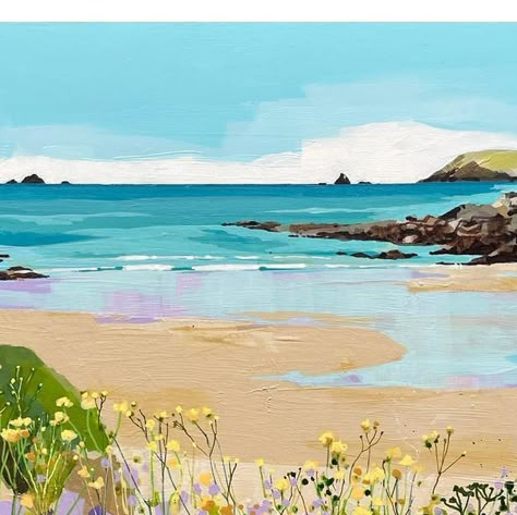 Seaside Landscape, Seascape Paintings Beach Scenes, Acrylic Beach Painting, Lucy Davies Artist, Seaside Watercolour, Cornwall Painting, Beach Scene Painting, Seaside Paintings, Sea Illustration