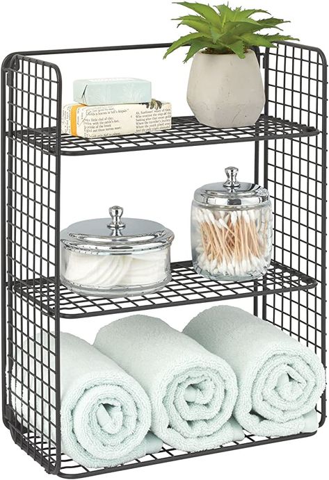 Bathroom Wall Shelving, Wire Shelving Kitchen, Metal Bathroom Shelf, Shelf For Bathroom, Decorative Shelves, Shelf Basket, Basket Bathroom, Shelves Floating, Wall Decor Storage