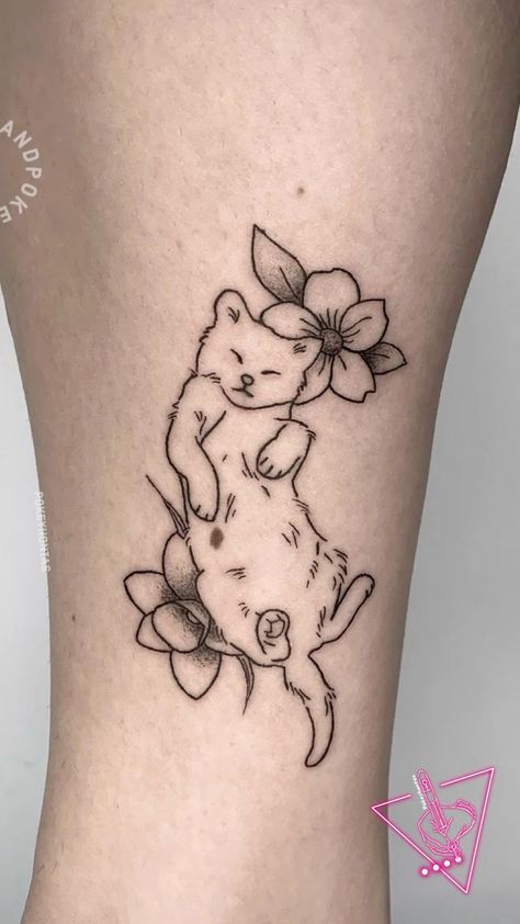 Cat Tattoo 3 Cats, Cherry Blossom Cat Tattoo, Handpoke Shading, Cat In Flowers Tattoo, Cat With Flowers Tattoo, Cat And Flower Tattoo, Sleeping Cat Tattoo, Tigerlily Tattoo, Cat And Cherry Blossom