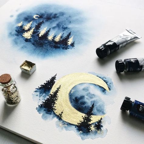 🌙 𝙼𝚊𝚗𝚍𝚢 ✨ on Instagram: "More blue paintings 💙🌙 Miss my enchanted painting? I'll do some soon! @ydnacydnam . I used @artphilosophyco watercolor tubes 💙 beautiful blue colors, and 100% cotton cold pressed 300gsm watercolor paper . #ydnacydnam #artphilosophyba2022 #artphilosophyba #artspotlight #enchantedforest #bluewatercolor #dreamywatercolor #artphilosophyco #artphilosophybaproject" Enchanted Painting Ideas, Zion Watercolor, Metallic Watercolor Painting Ideas, Pretty Watercolor Paintings, Mystic Watercolor, Enchanted Painting, Mystical Watercolor, Watercolor Tubes, Watercolor Night Sky