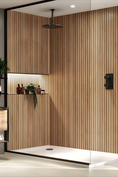 Discover Naturepanel Brown Cuneo Oak, a revolutionary of 100% waterproof slat wood wall panel. Inspired by the serene beauty of nature, our panels feature authentic neutral designs. Ideal for bathrooms, shower cubicles, gyms, and hotels. Embrace the timeless elegance and durability of UK-made Naturepanel, with a 30-year warranty, for a minimalist yet luxurious interior transformation. #bathroomwallpanel#timelessinterior#woodslat accentwall Wood Slat Bathroom Ceiling, Wood Slat Shower Wall, Wood Effect Tiles Bathroom Wall, Slatted Bathroom Wall, Slat Tile Bathroom, Wood Panel Bathroom Ideas, Slat Bathroom Wall, Wood Slats Bathroom, Wooden Shower Walls