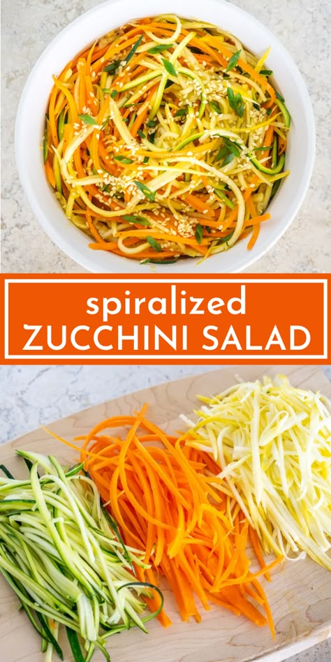 Warm Zucchini Salad With Almonds, Spiraled Veggie Recipes, Vegan Spiralizer Recipes, Zucchini Spirals Recipes Healthy, Spiral Zucchini Salad, Spiral Salad Recipes, Summer Salads With Zucchini, Asian Zucchini Salad, Carrot And Zucchini Salad