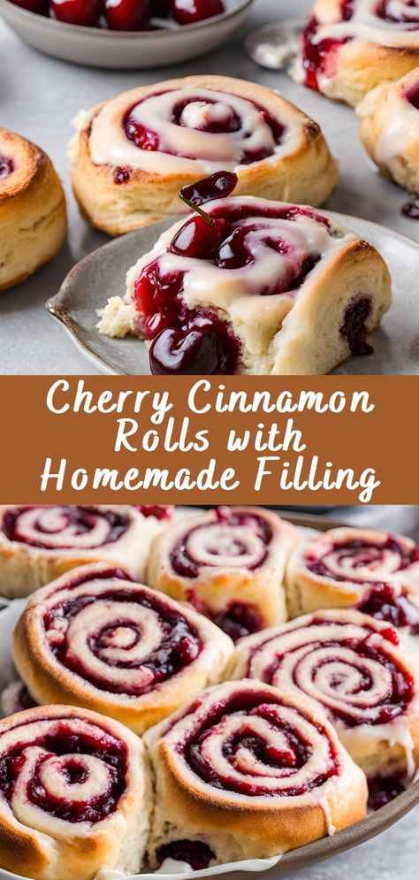 Cherry Cinnamon Rolls with Homemade Filling | Cheff Recipes Cherry Filling Dessert, Cottage Bakery Recipes, Cherry Pie Filling Desserts, Cherry Pastries, Cherry Cake Roll, Cherry Cinnamon Rolls, Cinnamon Roll Flavors, Cherry Filling Recipes, Dessert Rolls