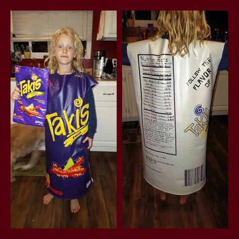 Taki chip bag DIY costume - materials: 1 yard purple vinyl, 1 yard white vinyl, yellow vinyl for letters, red vinyl.for takis, acrylic paint for flames, and black sharpie for ingredients and bar code details. Bag Of Chips Costume Diy, Taki Chips Costume, Sharpie Costume, Takis Halloween Costume, Chip Bag Diy, Chip Costume, Food Halloween Costumes, Wedding Singer, Food Halloween