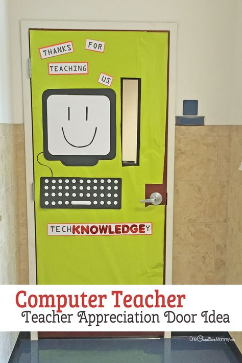 Technology or Computer Teacher Door Decorating Idea featured with 21 Teacher Appreciation Door Ideas! {OneCreativeMommy.com} So many great ideas for your teacher! Computer Door Decorations Classroom, Computer Lab Door Ideas, Computer Lab Door Decorations, Computer Lab Decoration Ideas, Teacher Appreciation Door Ideas, Teacher Appreciation Door, Teacher Appreciation Door Decorations, Teacher Appreciation Poster, Computer Lab Decor