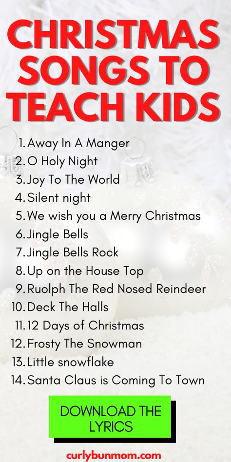 Get the lyrics to the best Christmas songs for kids to learn this Christmas. Your kids will love learning these top Christmas songs when download the pdf & let your kids follow along and memorize their fave Christmas songs. #christmassongs #christmassongsforkids #merrychristmas #christmasspirit #christmasmemories #christmasactivities Christmas Caroling Songs Free Printable, Christmas Caroling Songs, Christmas Songs For Kids To Perform, List Of Christmas Songs, Christmas Songs For Toddlers, Kids Christmas Songs, Daycare Songs, Childrens Christmas Songs, Christmas Carols For Kids